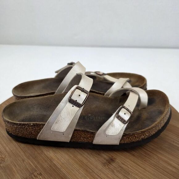 Birkenstock Mayari Shoes Womens Size 38 US 7 Sandals Silver Leather Cork Comfort - Picture 6 of 11